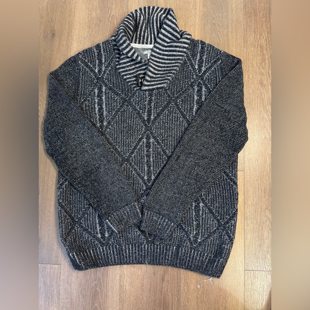 Men's Charcoal Turtleneck Sweater with Striped Collar